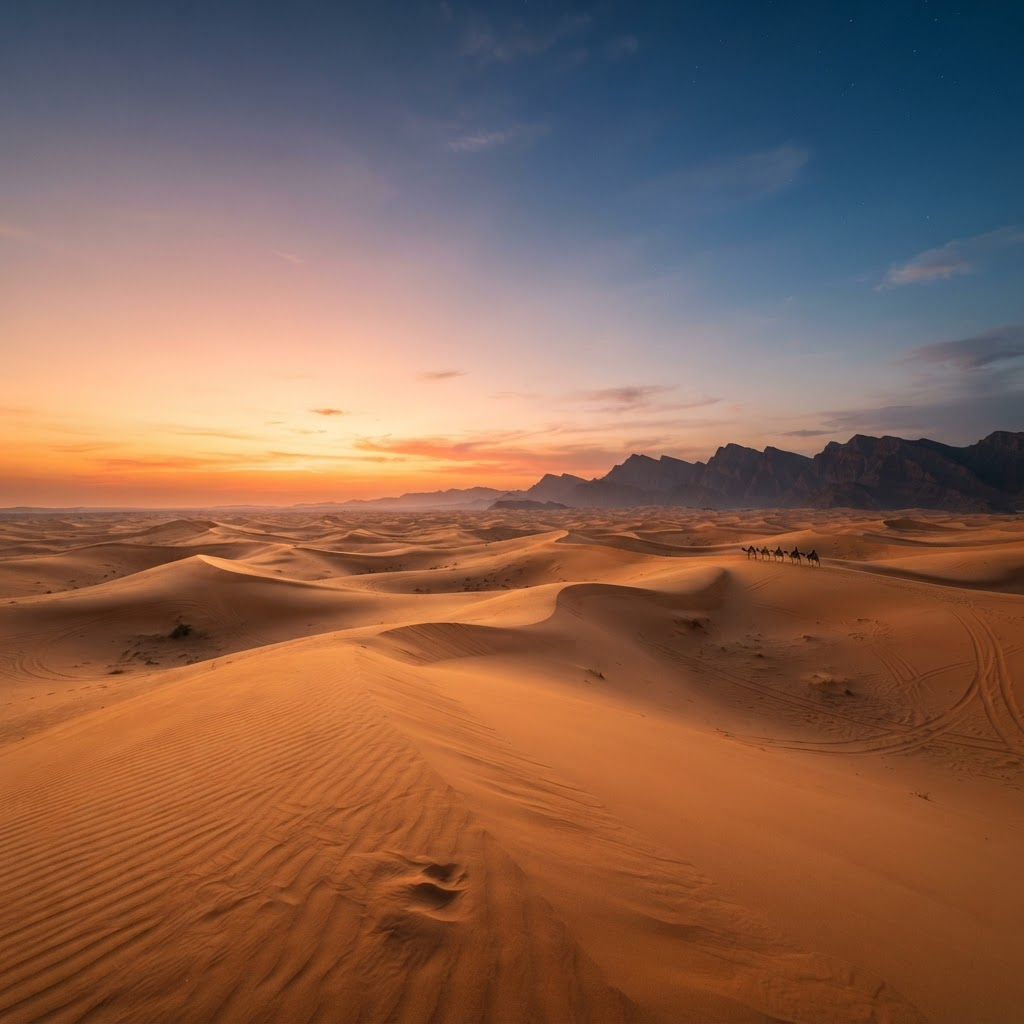A couple watching the sunset over the Omani desert