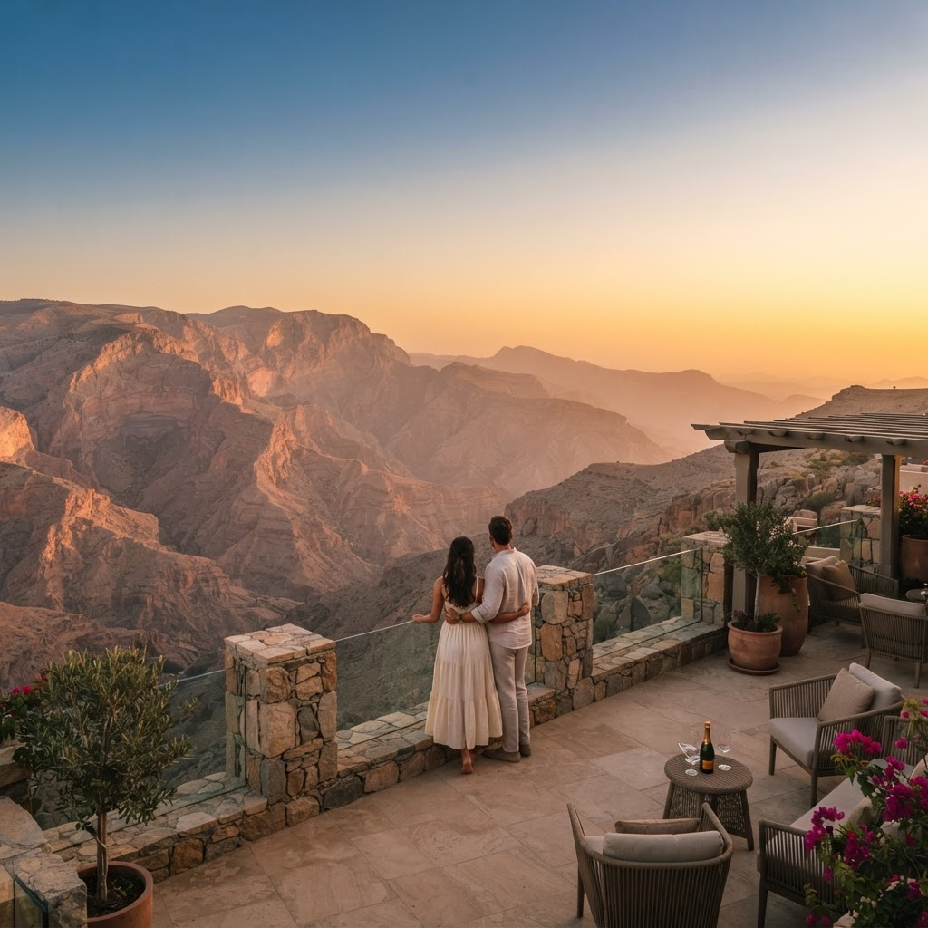 A couple watching the sunset over Oman's mountains from a clifftop terrace