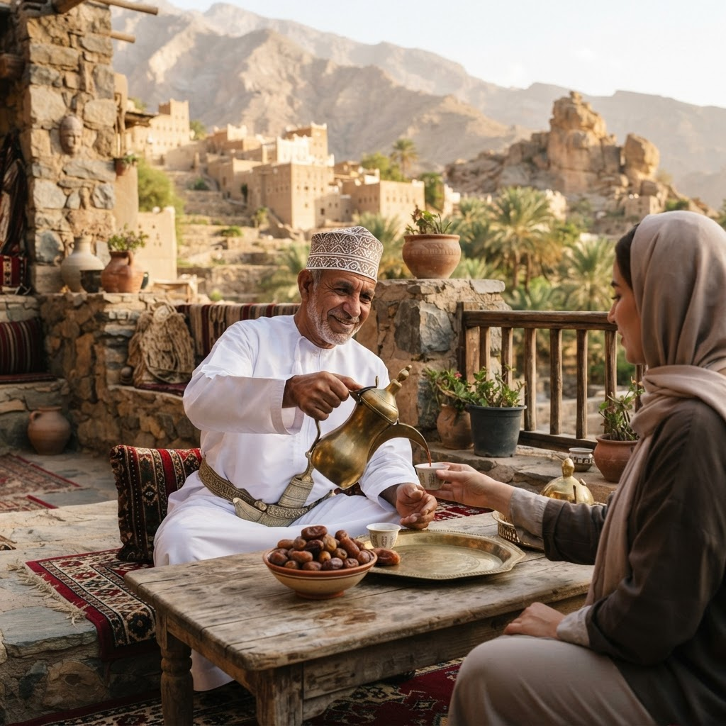 An Omani host welcoming guests with traditional coffee and dates